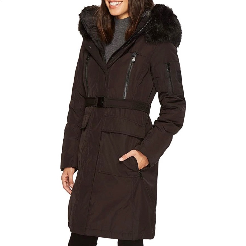 Vince Camuto Womens Belted Long Coat with Faux Fur